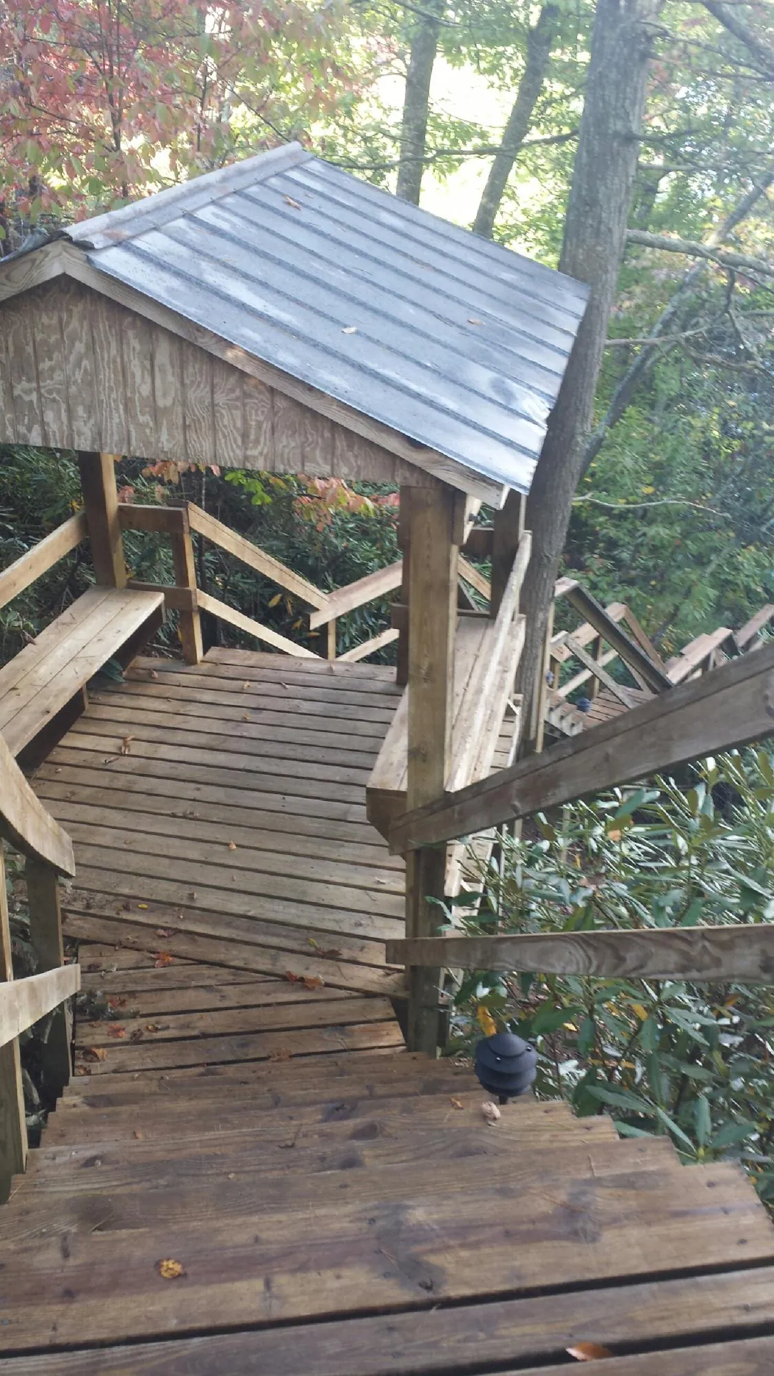 Metal roofed shelter over wooden steps on a wooded walkway — Skylight Repair & Installation work by our crew in Brookston